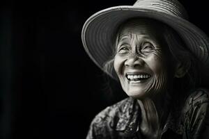 anziano donna sorridente nel un pomeriggio foto