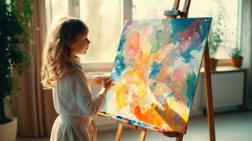 un' poco ragazza pittura un astratto pittura su un cavalletto foto