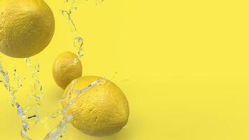 il Limone e acqua spruzzo su giallo sfondo per cibo o bevanda concetto 3d interpretazione foto