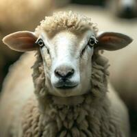 un' azienda agricola mammifero animale pecora guardare più vicino tiro foto. ai generativo foto