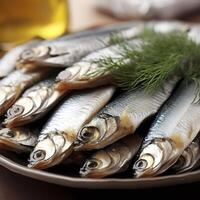 in scatola spratti pesce nel olio e aneto su un' piatto su il tavolo. ai generativo foto