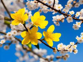 selettivo messa a fuoco di bellissimo rami di giallo ciliegia fiori su il albero sotto blu cielo, foto