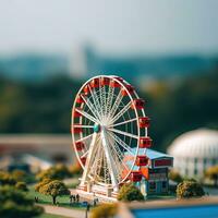 ai generativo un' miniatura Ferris ruota con un' blu cielo nel il sfondo foto