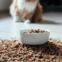 asciutto animale domestico cibo è nel un' bianca porcellana ciotola e sparpagliato attraverso il pavimento con un' gatto seduta nel il sfondo. ai generativo foto