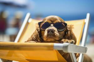 cane cucciolo indossare occhiali da sole, dire bugie su un' lettino per prendere il sole a il spiaggia mare su estate vacanza, vacanze. divertente concetto. ai generativo foto