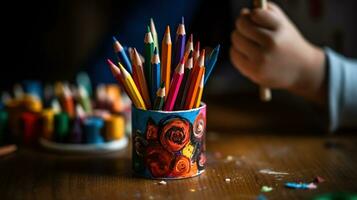 ai generativo un' bambino è disegno con colorato pastelli nel un' matita titolare foto