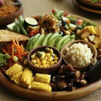 vegetariano pranzo su di legno piatto con varietà. ai generativo foto