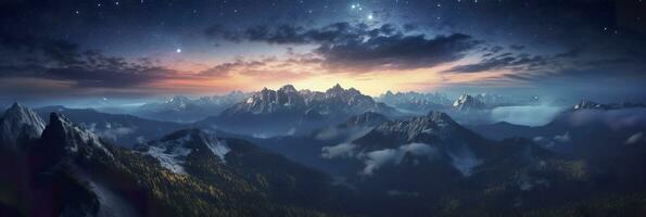 il latteo crescente nel il notte cielo al di sopra di il montagne, paesaggi, ai generativo foto