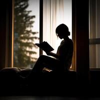 ai generativo un' silhouette di un' persona lettura un' libro foto