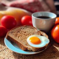 ai generativo grigliato pane e pomodoro con un uovo su un' piatto con caffè foto