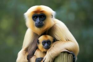 vicino Immagine di guancia gibbone scimmia madre con un' bambino nel il foresta. generativo ai foto