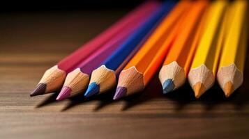 un' riga di colorato matite seduta su superiore di ogni altro ai generativo foto