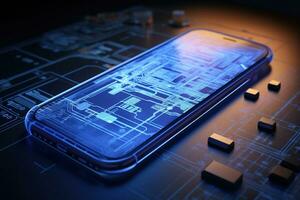 3d realistico smartphone, moderno inteligente Telefono bugie su un' liscio buio blu superficie foto
