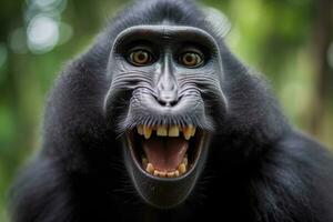 celebrità crestato macaco con Aperto bocca. vicino su su il verde naturale sfondo. generativo ai foto