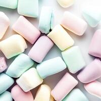 colorato pastello marshmallow su bianca sfondo. ingrediente per cucinando dolce, merenda per film notte e malsano dolci. superiore Visualizza, copia spazio. . ai generativo foto