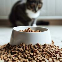 asciutto animale domestico cibo è nel un' bianca porcellana ciotola e sparpagliato attraverso il pavimento con un' gatto seduta nel il sfondo. ai generativo foto
