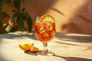 aperol spritz estate bevanda nel bicchiere con ombre, tropicale sfondo. generativo ai foto