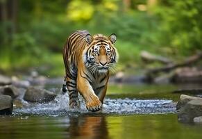 amur tigre a piedi nel il acqua. pericoloso animale. animale nel un' verde foresta flusso. generativo ai foto