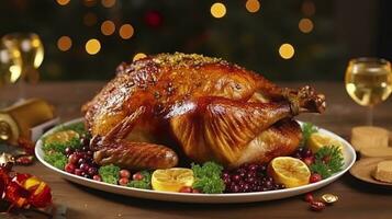 succoso e gustoso arrosto tacchino su un' piatto con Natale decorazioni. arrostito pollo con la verdura, arrosto pollo festa, tutti tipi di cibo, birra. ai generativo foto