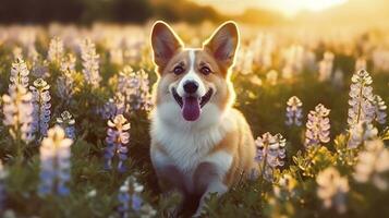 affascinante corgi cane con fiori nel il primavera. generativo ai foto