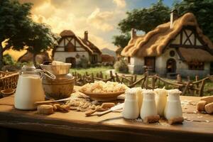 villaggio scena fatto di latte miele e biscotti foto