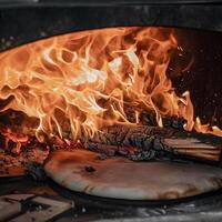 un' legna - licenziato Pizza è essere cucinato nel un' legna - licenziato forno. ai generativo foto