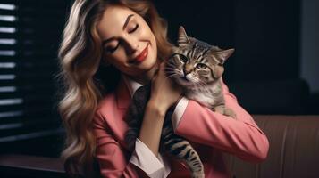 un' donna abbracciare sua gatto dopo un' lungo giorno a opera, mentale Salute immagini, fotorealistico illustrazione foto