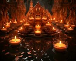 un' gruppo di illuminato candele galleggiante su acqua, Diwali azione immagini, realistico azione fotografie