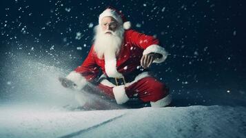 Santa fare surf attraverso un' tempesta di neve il suo rosso completo da uomo coperto nel neve, Natale Immagine, fotorealistico illustrazione foto