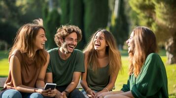 un' gruppo di amici seduta su un' panchina nel un' parco, mentale Salute immagini, fotorealistico illustrazione foto