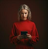 un' grigio dai capelli donna indossare un' rosso maglione e utilizzando un' inteligente Telefono, moderno invecchiamento azione immagini, ai generato invecchiamento immagini foto