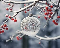 un ornamento sospeso su un' albero ramo è coperto nel neve, Natale Immagine, fotorealistico illustrazione foto