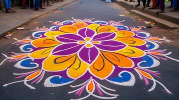 un' colorato rangoli pittura su il strada, Diwali azione immagini, realistico azione fotografie