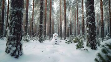 un' pupazzo di neve nel il foresta circondato di pino alberi, Natale Immagine, fotorealistico illustrazione foto