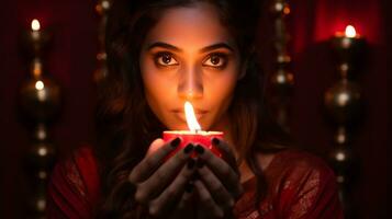 ragazza detiene candela nel davanti di sua viso a cavolo, Diwali azione immagini, realistico azione fotografie