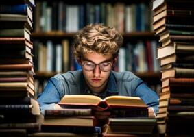 un' alunno seduta nel un' biblioteca, mondo studenti giorno immagini foto