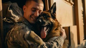 un' soldato abbracciare il suo cane dopo ritorno casa a partire dal distribuzione, mentale Salute immagini, fotorealistico illustrazione foto