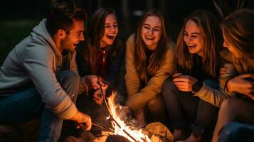 un' gruppo di amici ridendo e parlando in giro un' fuoco da campo, mentale Salute immagini, fotorealistico illustrazione foto