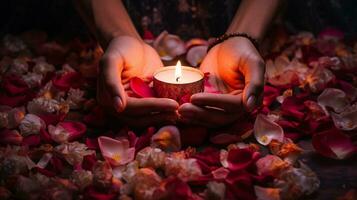 un' mano Tenere un' Due illuminato candele mentre posa su superiore di petali, Diwali azione immagini, realistico azione fotografie