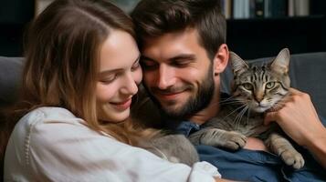 un' giovane coppia è seduta su il divano abbracciare loro gatto, mentale Salute immagini, fotorealistico illustrazione foto