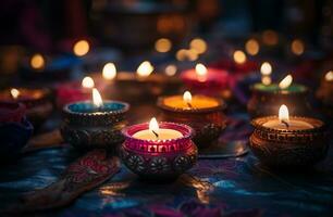 il persone alleggerire molti candele su un' colorato giorno, Diwali azione immagini, realistico azione fotografie