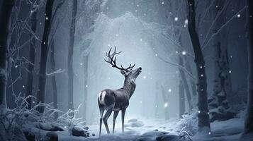 un' cervo cantando canti natalizi nel un' foresta radura, Natale Immagine, fotorealistico illustrazione foto