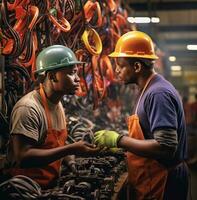 Due industriale lavoratori nel cappelli guardare a robot a un montaggio linea, industriale macchinari azione fotografie