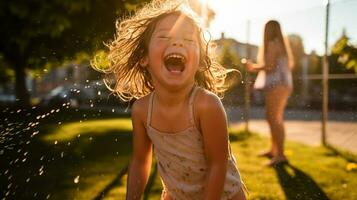un' bambino ridendo come essi giocare nel un' parco, mentale Salute immagini, fotorealistico illustrazione foto