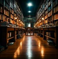 un' lungo esposizione tiro di un' biblioteca a notte, mondo studenti giorno immagini foto