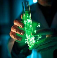 un' avvicinamento Visualizza di un' scienziati mano Tenere un' test tubo pieno con raggiante verde liquido. il liquido è viscoso e traslucido, medico azione immagini foto