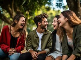 un' gruppo di amici seduta su un' panchina nel il parco ridendo e parlando, mentale Salute immagini, fotorealistico illustrazione foto