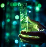 un' avvicinamento Visualizza di un' scienziati mano Tenere un' test tubo pieno con raggiante verde liquido. il liquido è viscoso e traslucido, medico azione immagini foto