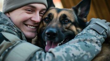 un' soldato abbracciare il suo cane dopo ritorno casa a partire dal distribuzione, mentale Salute immagini, fotorealistico illustrazione foto
