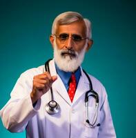 azione Immagine di un' medico indossare bianca cappotto e Tenere un' stetoscopio su il suo torso, medico azione immagini foto
